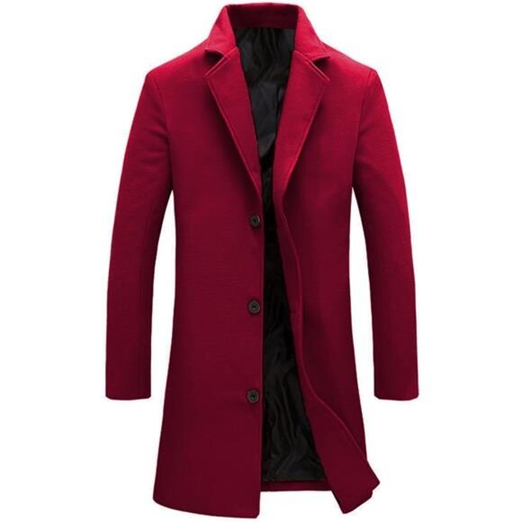 Men's Solid Color Pea Coat Wool Blend Notched Collar Single Breasted Overcoat - Picture 1 of 5